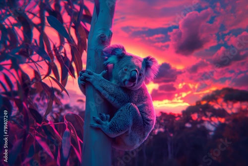 A koala bear clutching onto a tree branch with a dramatic pink and purple sunset backdrop. Neon colors.