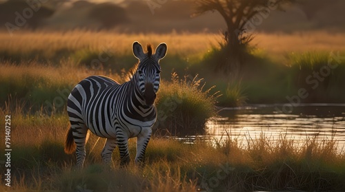 Africa sunset. Plains zebra, Equus quagga, in the grassy nature habitat with evening light.generative.ai photo