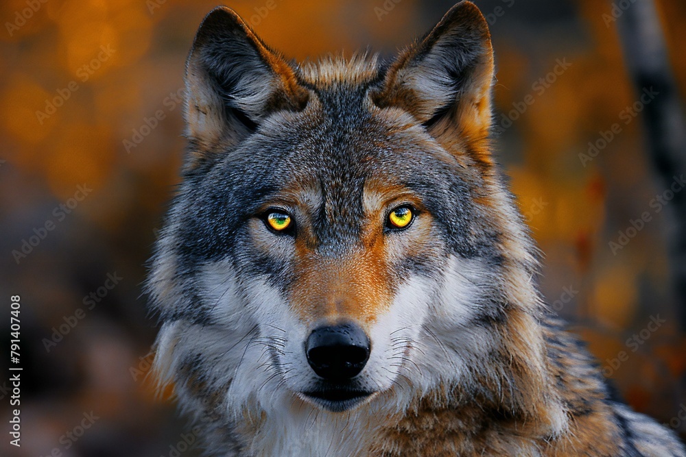 Portrait of a wolf in the autumn forest,  Close-up