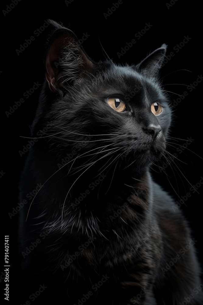 A majestic black cat with piercing eyes is captured in a portrait against a stark, dark background. Monochromatic colors.