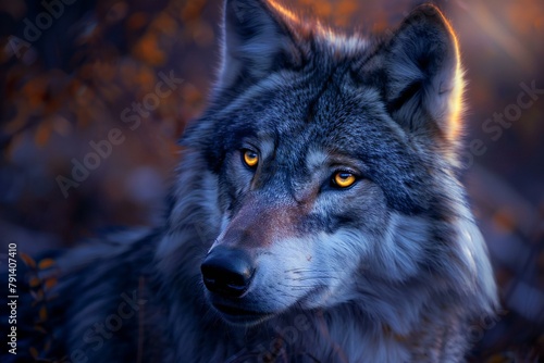 Close-up portrait of a wolf in the forest   Wildlife scene from nature