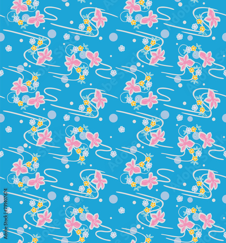 Japanese Flower River Flow Vector Seamless Pattern