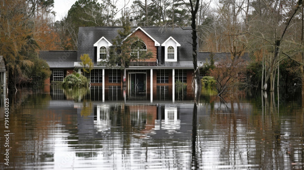 Flooded residential house with reflection in water. Flooded residential house with reflection in water.