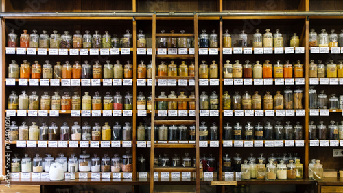 Variety of condiments jars arranged on shelves in departmental store photo