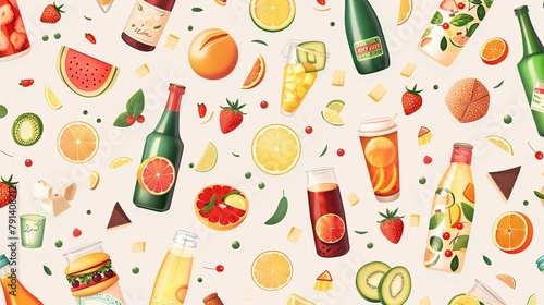 seamless pattern with fruits and bottles of juice
