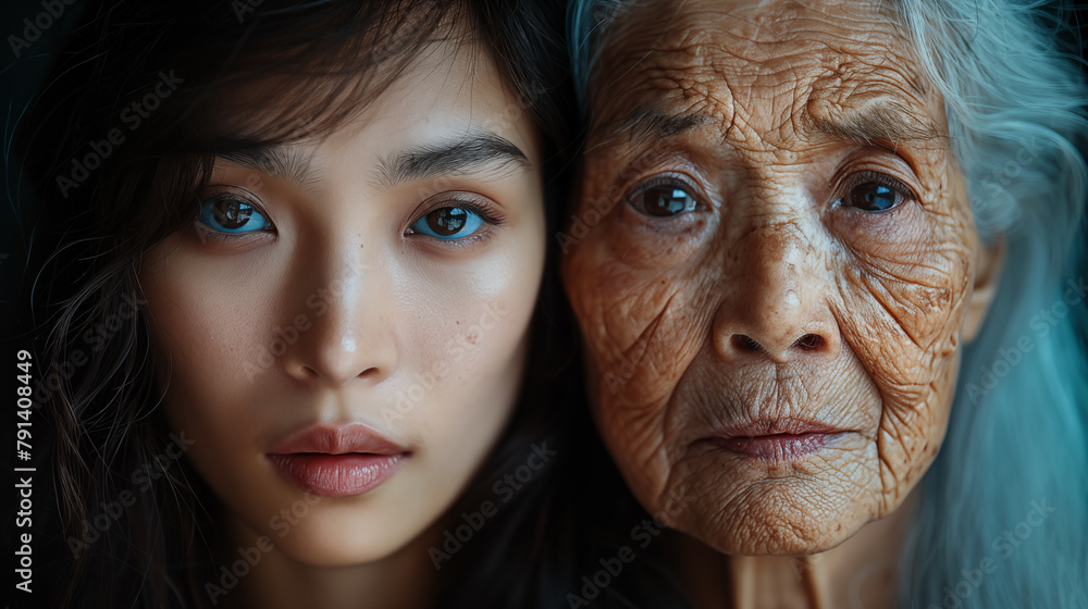 Asian mother and daughter looking at camera. Close up portrait of young beautiful Asian woman and senior woman face. Asian mother and daughter looking at camera. Close up portrait of young beautiful Asian woman and senior woman face.