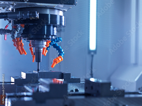 Computerized CNC machine drilling metal object at factory