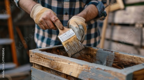 Person applying varnish to wooden planks with a paintbrush. Woodworking and crafts concept.