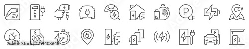 Line icons set about Ev charging stations. Contains such icons as EV, battery charge, status app, Charge point and more. Editable vector stroke. 512x512 Pixel Perfect in transparent background.