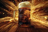 Mug of beer with foam on a wooden background,   rendering