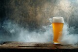 Glass of beer on a wooden table on a dark background with smoke