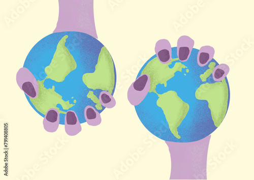 Hands of women holding Earth against colored background photo