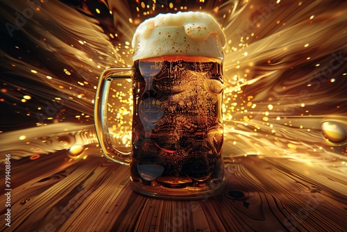 Mug of beer with foam on a wooden background, rendering
