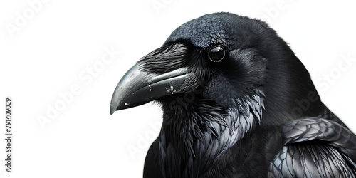 close up or portrait view of common black raven on a white background