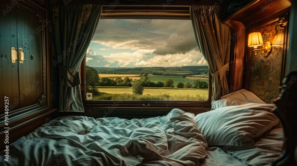 A picturesque view of the countryside from the window of a vintage train suite as travelers doze off under the warm blankets. 2d flat cartoon. A picturesque view of the countryside from the window of a vintage train suite as travelers doze off under the warm blankets. 2d flat cartoon.