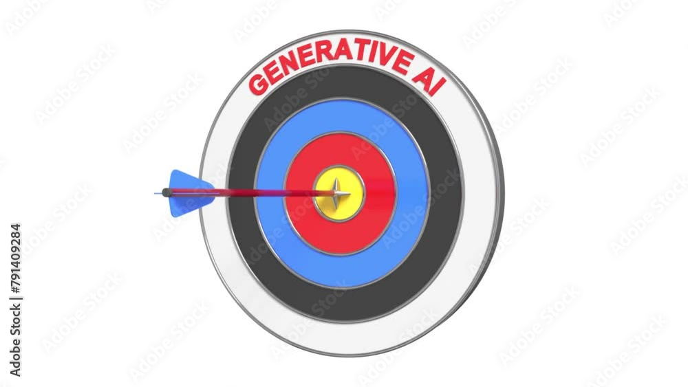 An arrow flies and hits the target of a target text Generative AI. Concept of target, success, solution. 3D animation An arrow flies and hits the target of a target text Generative AI. Concept of target, success, solution. 3D animation