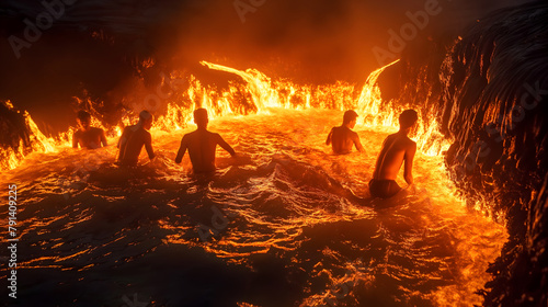 FIre pool party, people have fun in the heated water like lava, the surreal pool from the waterfall in global heat, global warming from climate change concept photo