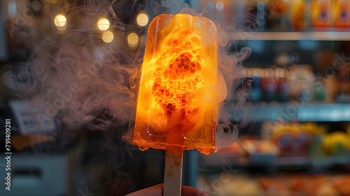 Lava popsicle, a hand holding a heated inferno popsicle, surreal ice cream from global heat, global warming from climate change concept photo