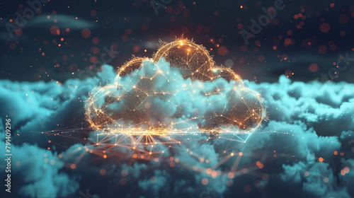 Cloud computing technology ,A blue cloud peacefully floats in the air, surrounded by a stunning backdrop of stars, Abstract representation of cloud computing