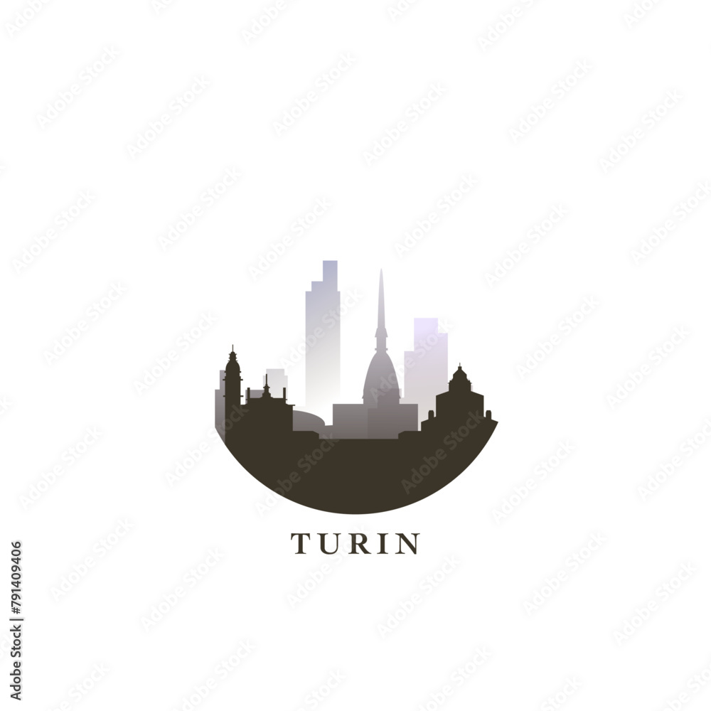 Turin cityscape, gradient vector badge, flat skyline logo, icon. Italy city round emblem idea with landmarks and building silhouettes. Isolated graphic
