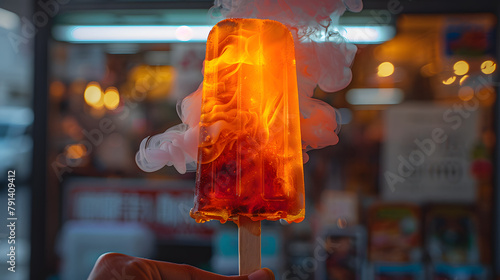 FIre popsicle, a hand holding a heated lava popsicle, surreal ice cream from global heat, global warming from climate change concept. photo