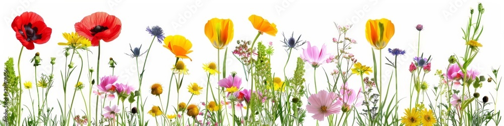 Fototapeta premium Vibrant collection of various flowers isolated against a white backdrop, showcasing natural beauty and diversity.