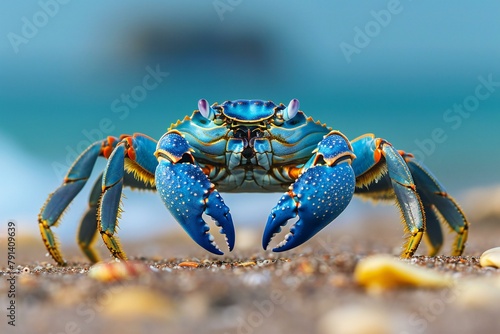 Blue sea crab on the beach,  Close-up, selective focus