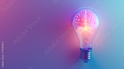 Brain inside of transparent light bulb placed on against blue pastel background, Brainstorming or knowledge. Creative idea of lamp, copy space, generative ai 