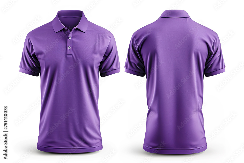 Purple polo shirt mockup, front and back view, isolated on white background. Purple polo shirt mockup, front and back view, isolated on white background.