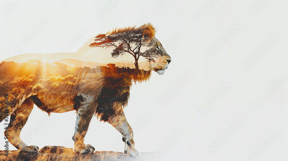 Naklejka premium Double exposure of lion and savanna.