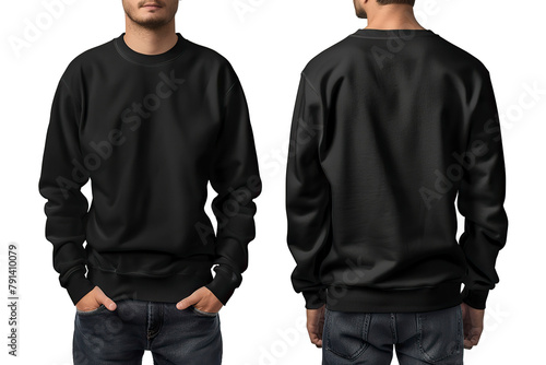 Blank black sweatshirt mockup, front and back view, isolated on white background.