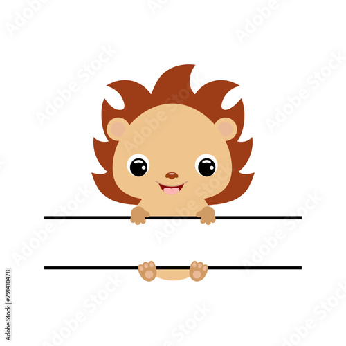 Cute hedgehog split monogram. Funny cartoon character for shirt, scrapbooking, greeting cards, baby shower, invitation. Bright colored childish stock vector illustration