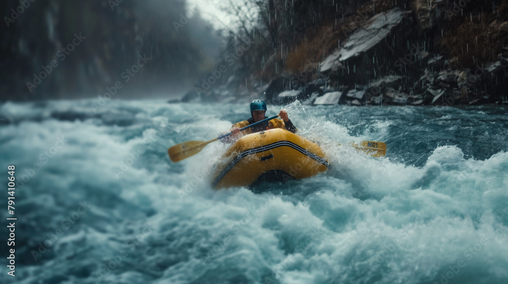 Thrilling White-Water Rafting: Navigating Tumultuous Waters in a Yellow Raft