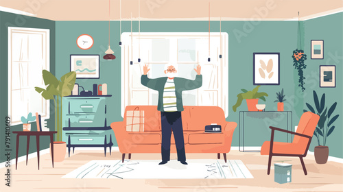 Elderly man do exercises at home. Living room interior