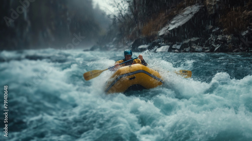 Thrilling White-Water Rafting: Navigating Tumultuous Waters in a Yellow Raft