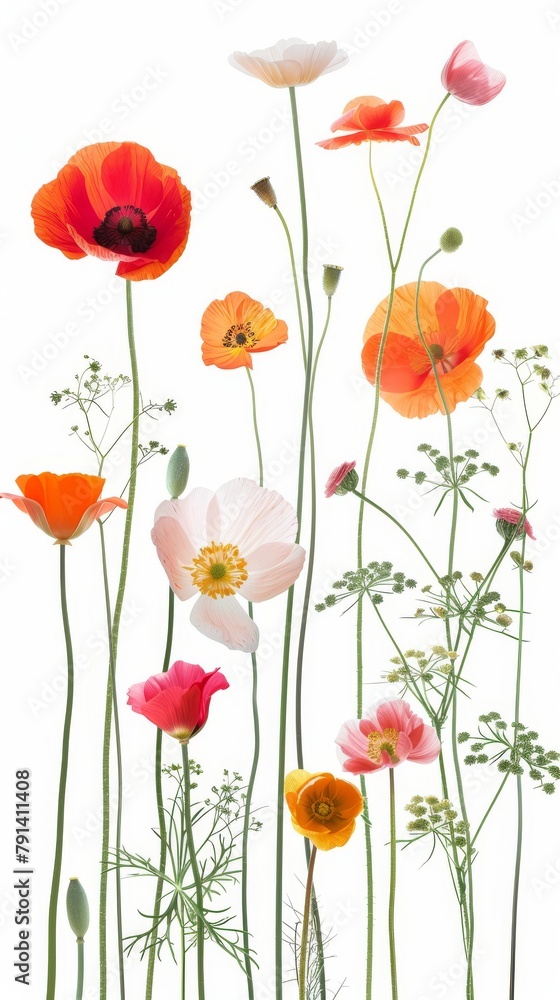 Fototapeta premium Vibrant collection of various flowers isolated against a white backdrop, showcasing natural beauty and diversity.