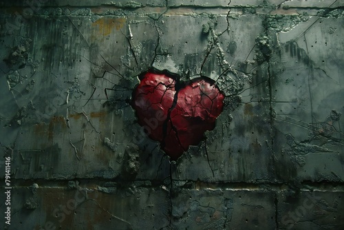 Broken heart on the old wall, Valentine's day concept