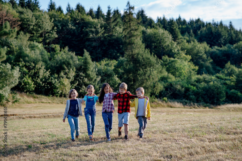 Obraz premium Portrait of young classmates, students during biology field teaching class, walking across meadow. Learning about ecosystem, ecology.