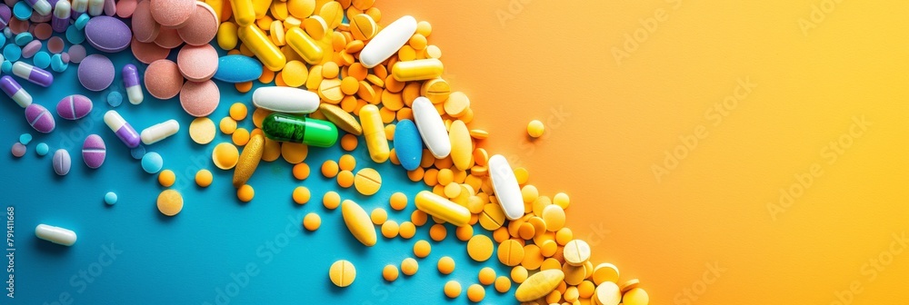 A vibrant display of various pills and capsules on a two-tone background to represent health and medicine topics