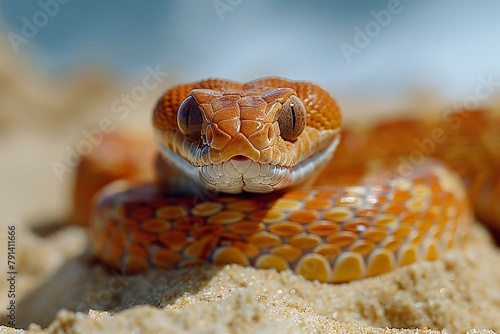 Close-up portrait of a snake on the sand, Exotic animal