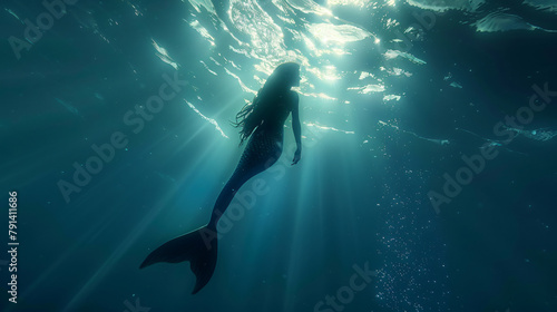 Beautiful mermaid swimming under water with light  © Daniel