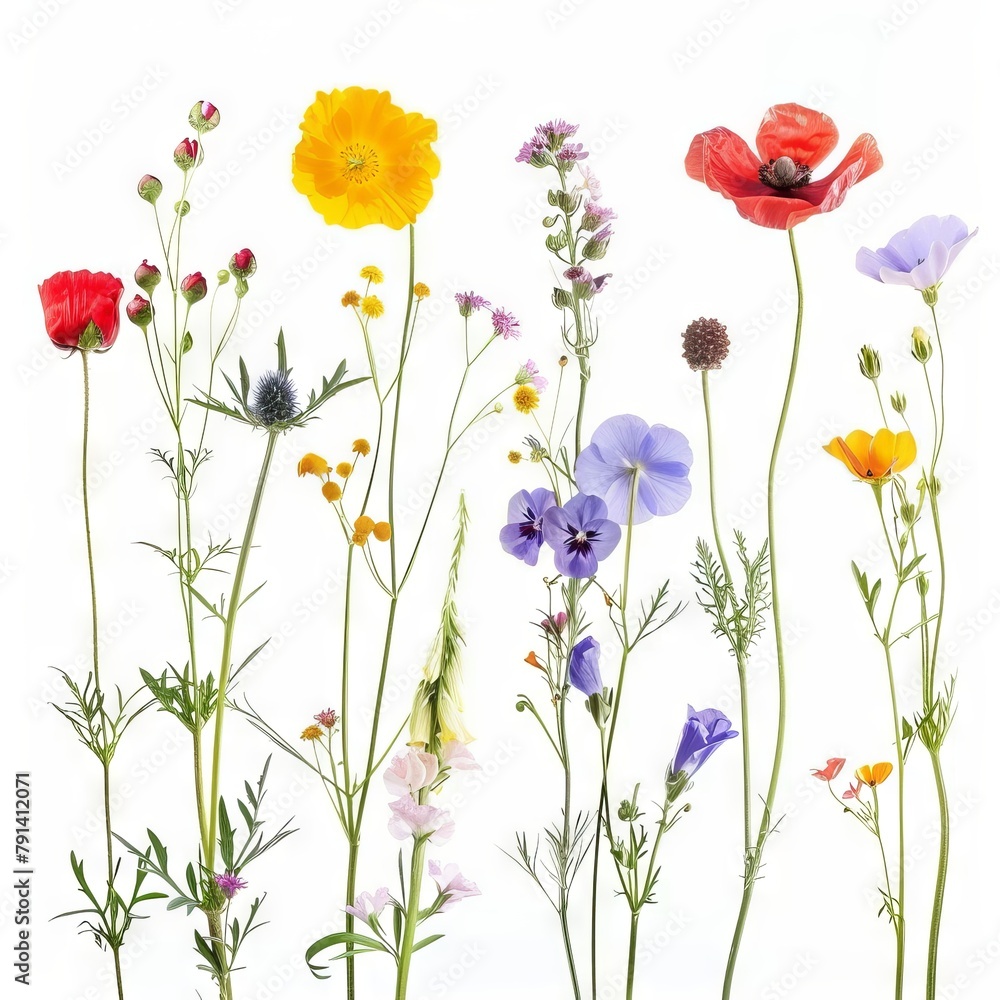 Fototapeta premium A Vibrant Collection Of Various Colorful Meadow Flowers Arranged on a White Background. Presenting unique shapes and colors, meticulously arranged to highlight their natural beauty.