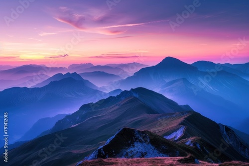 Majestic Twilight Hues Over Serene Mountain Peaks