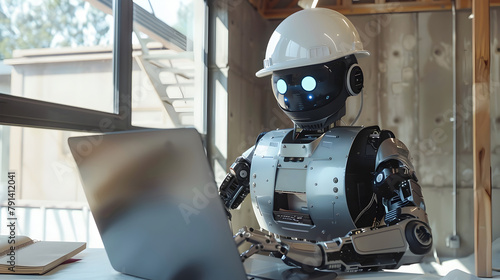 Industrial Robot Utilizing Laptop in Renovation Themed Office for Project Planning and Coordination