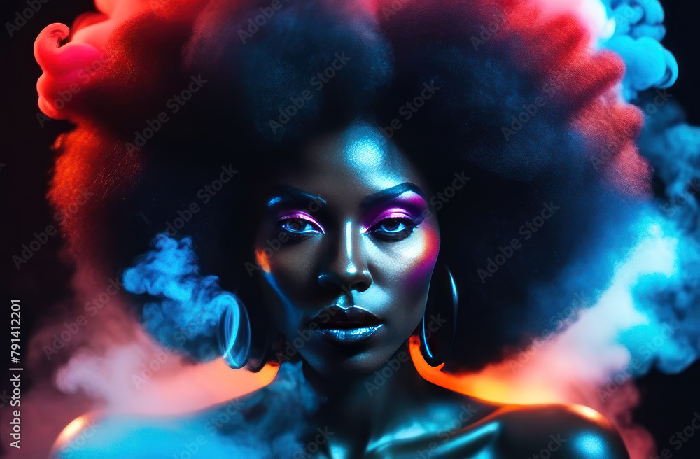 Ethereal portrait of a woman with dynamic neon lighting and vibrant colors creating a captivating