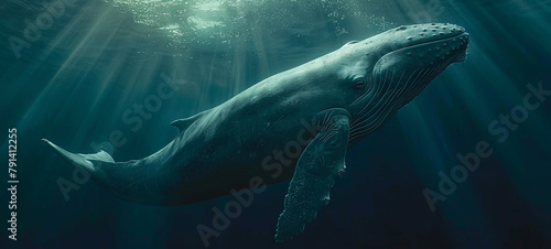 A blue whale swimming in the ocean. photo