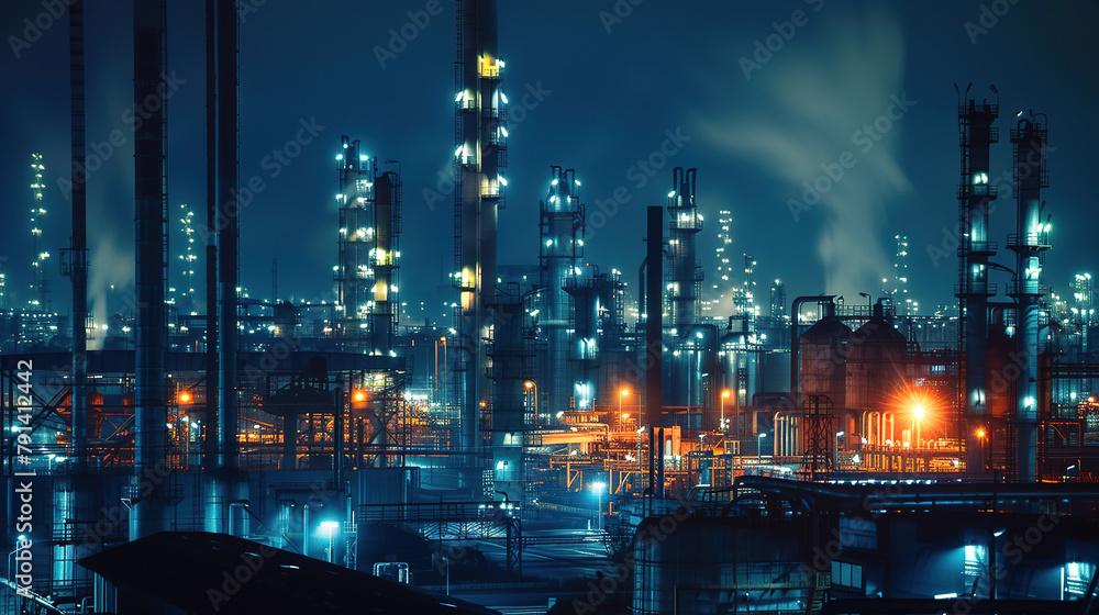 Naklejka premium Oil​ refinery​ and​ plant and tower column of petrochemistry industry in oil​ and​ gas​ ​industrial at night
