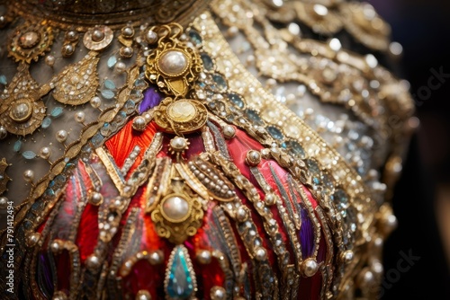 The intricate details of a Circus aesthetic outfit, highlighting the elaborate embroidery and sequins adorning the costume