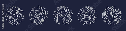 Circular wood rings or topographic map lines texture set. Wood tree topographic abstract lines collection flat style design vector illustration contour isolated pattern design.