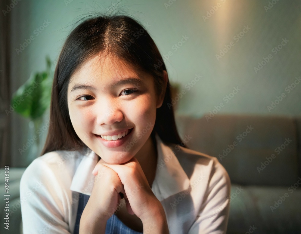 Portrait of a cute asian girl smiling and looking at camera Portrait of a cute asian girl smiling and looking at camera